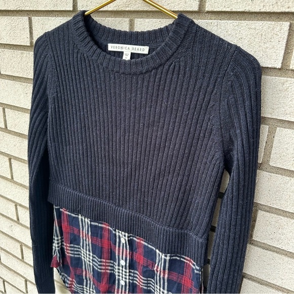 Veronica Beard Garrett Mixed Media Sweater Plaid Tunic Navy Merino Wool XS - Picture 4 of 11